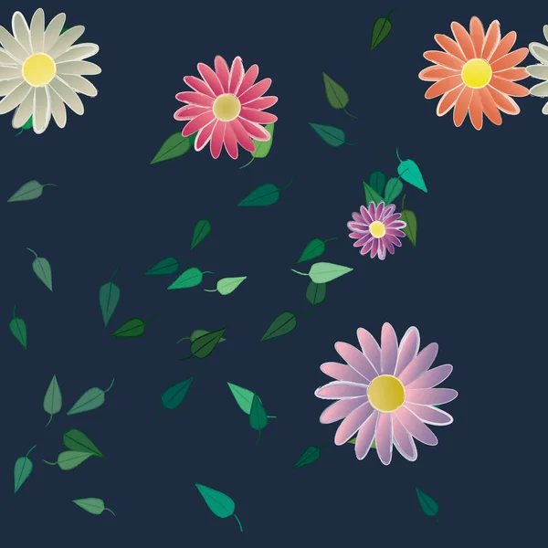 Schöne Komposition Mit Einfachen Farbigen Blüten Und Grünen Blättern Auf — Stockvektor
