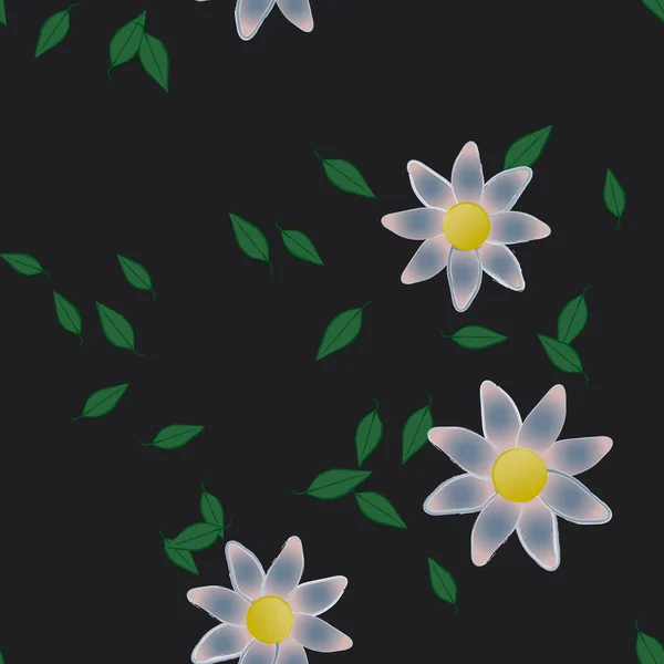 Mooie Compositie Met Eenvoudige Gekleurde Bloemen Groene Bladeren Monochrome Achtergrond — Stockvector