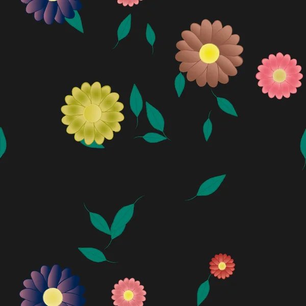 Mooie Compositie Met Eenvoudige Gekleurde Bloemen Groene Bladeren Monochrome Achtergrond — Stockvector