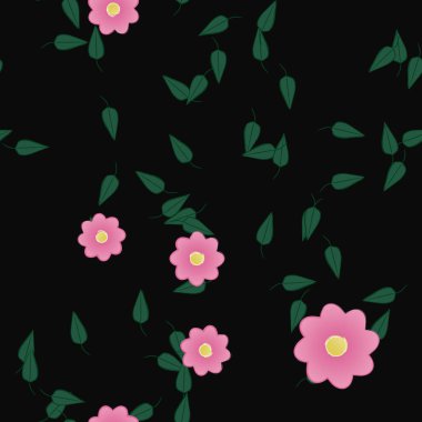 Basit renkli çiçekleri ve tek renkli arka planda yeşil yaprakları olan güzel kompozisyon, vektör illüstrasyonu