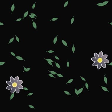 Tek renkli arka planda basit renkli çiçekler ve yeşil yapraklarla güzel kompozisyon, vektör illüstrasyonu