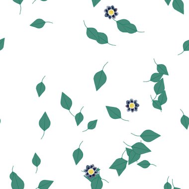 Tek renkli arka planda basit renkli çiçekler ve yeşil yapraklarla güzel kompozisyon, vektör illüstrasyonu