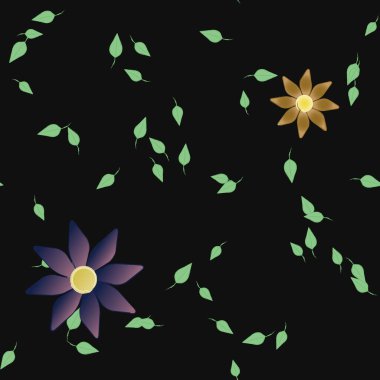 Tek renkli arka planda basit renkli çiçekler ve yeşil yapraklarla güzel kompozisyon, vektör illüstrasyonu