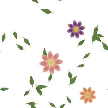 Tek renkli arka planda basit renkli çiçekler ve yeşil yapraklarla güzel kompozisyon, vektör illüstrasyonu