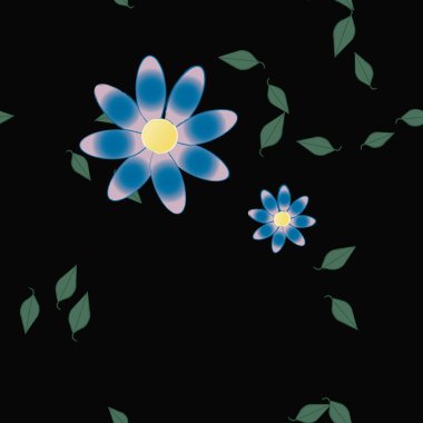 Tek renkli arka planda basit renkli çiçekler ve yeşil yapraklarla güzel kompozisyon, vektör illüstrasyonu