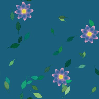 Tek renkli arka planda basit renkli çiçekler ve yeşil yapraklarla güzel kompozisyon, vektör illüstrasyonu