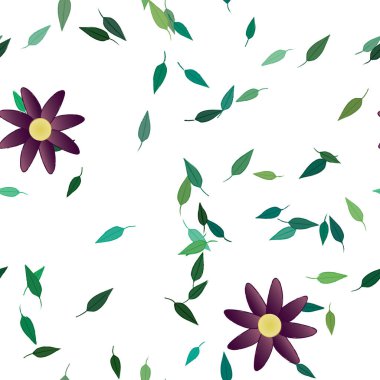 Tek renkli arka planda basit renkli çiçekler ve yeşil yapraklarla güzel kompozisyon, vektör illüstrasyonu