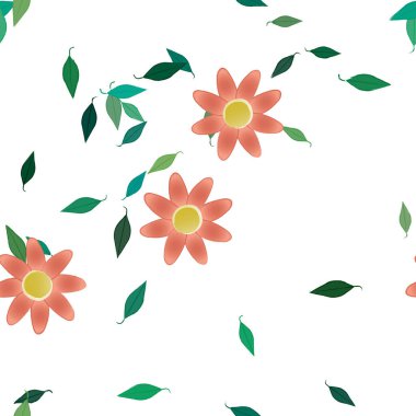 Basit renkli çiçekleri ve tek renkli arka planda yeşil yaprakları olan güzel kompozisyon, vektör illüstrasyonu