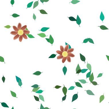 Basit renkli çiçekleri ve tek renkli arka planda yeşil yaprakları olan güzel kompozisyon, vektör illüstrasyonu