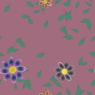 Tek renkli arka planda basit renkli çiçekler ve yeşil yapraklarla güzel kompozisyon, vektör illüstrasyonu