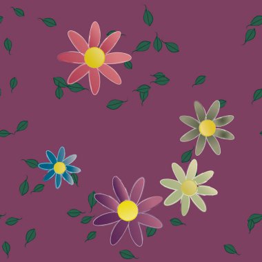 Basit renkli çiçekleri ve tek renkli arka planda yeşil yaprakları olan güzel kompozisyon, vektör illüstrasyonu