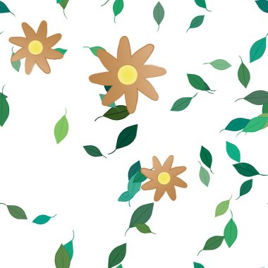 Tek renkli arka planda basit renkli çiçekler ve yeşil yapraklarla güzel kompozisyon, vektör illüstrasyonu