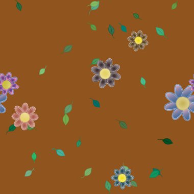 Tek renkli arka planda basit renkli çiçekler ve yeşil yapraklarla güzel kompozisyon, vektör illüstrasyonu