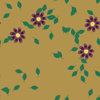 Tek renkli arka planda basit renkli çiçekler ve yeşil yapraklarla güzel kompozisyon, vektör illüstrasyonu