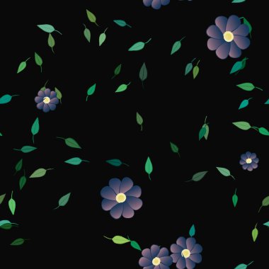 Basit renkli çiçekleri ve tek renkli arka planda yeşil yaprakları olan güzel kompozisyon, vektör illüstrasyonu