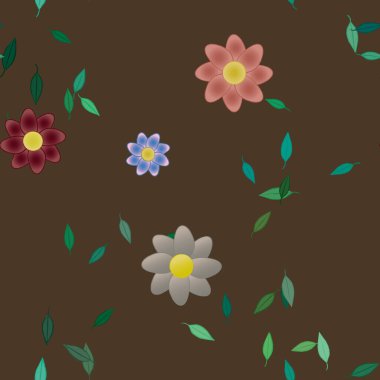 Tek renkli arka planda basit renkli çiçekler ve yeşil yapraklarla güzel kompozisyon, vektör illüstrasyonu