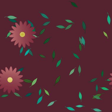 Tek renkli arka planda basit renkli çiçekler ve yeşil yapraklarla güzel kompozisyon, vektör illüstrasyonu