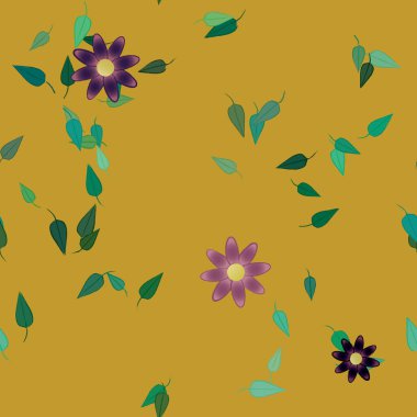 Tek renkli arka planda basit renkli çiçekler ve yeşil yapraklarla güzel kompozisyon, vektör illüstrasyonu