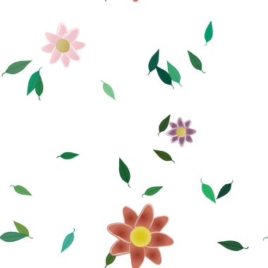 Tek renkli arka planda basit renkli çiçekler ve yeşil yapraklarla güzel kompozisyon, vektör illüstrasyonu