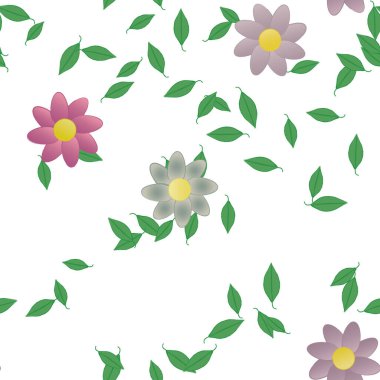 Tek renkli arka planda basit renkli çiçekler ve yeşil yapraklarla güzel kompozisyon, vektör illüstrasyonu