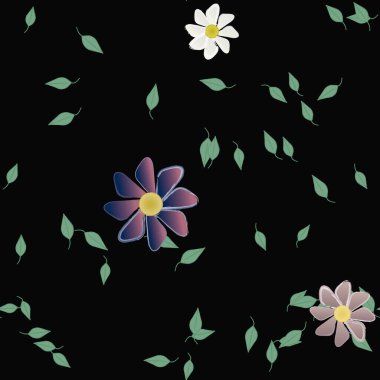 Basit renkli çiçekleri ve tek renkli arka planda yeşil yaprakları olan güzel kompozisyon, vektör illüstrasyonu