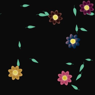 Basit renkli çiçekleri ve tek renkli arka planda yeşil yaprakları olan güzel kompozisyon, vektör illüstrasyonu