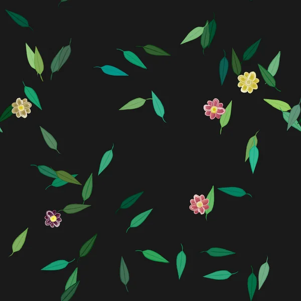 Mooie Compositie Met Eenvoudige Gekleurde Bloemen Groene Bladeren Monochrome Achtergrond — Stockvector