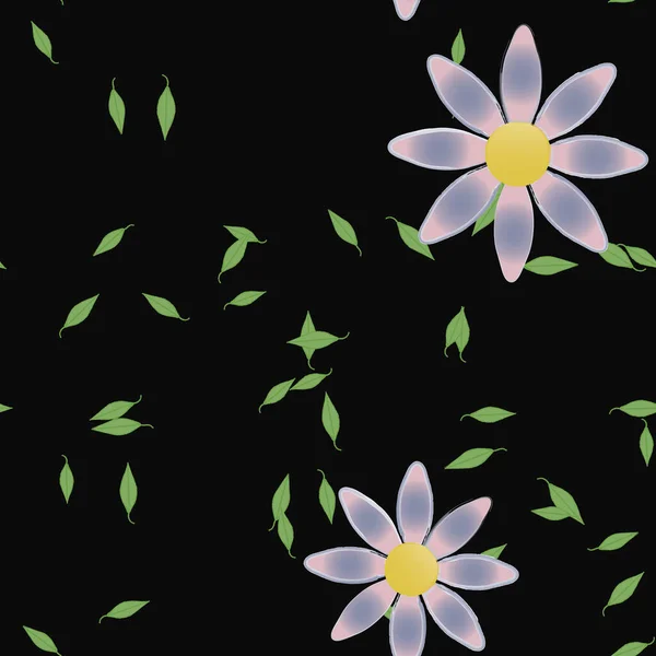 Mooie Compositie Met Eenvoudige Gekleurde Bloemen Groene Bladeren Monochrome Achtergrond — Stockvector