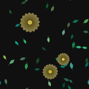 Basit renkli çiçekleri ve tek renkli arka planda yeşil yaprakları olan güzel kompozisyon, vektör illüstrasyonu