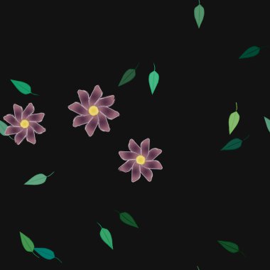 Tek renkli arka planda basit renkli çiçekler ve yeşil yapraklarla güzel kompozisyon, vektör illüstrasyonu