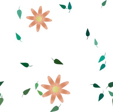 Tek renkli arka planda basit renkli çiçekler ve yeşil yapraklarla güzel kompozisyon, vektör illüstrasyonu