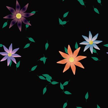 Tek renkli arka planda basit renkli çiçekler ve yeşil yapraklarla güzel kompozisyon, vektör illüstrasyonu