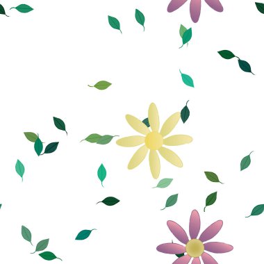 Tek renkli arka planda basit renkli çiçekler ve yeşil yapraklarla güzel kompozisyon, vektör illüstrasyonu