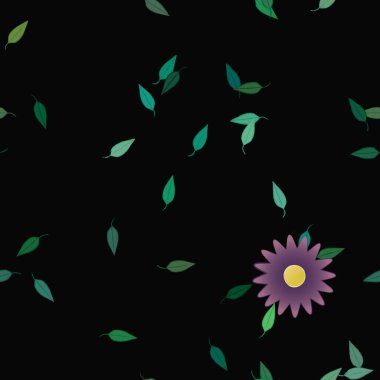 Tek renkli arka planda basit renkli çiçekler ve yeşil yapraklarla güzel kompozisyon, vektör illüstrasyonu