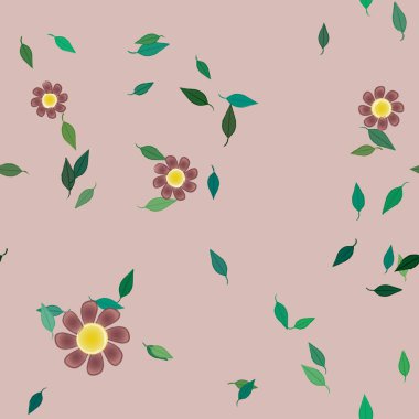 Tek renkli arka planda basit renkli çiçekler ve yeşil yapraklarla güzel kompozisyon, vektör illüstrasyonu