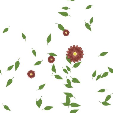 Tek renkli arka planda basit renkli çiçekler ve yeşil yapraklarla güzel kompozisyon, vektör illüstrasyonu