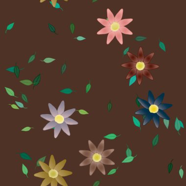 Tek renkli arka planda basit renkli çiçekler ve yeşil yapraklarla güzel kompozisyon, vektör illüstrasyonu