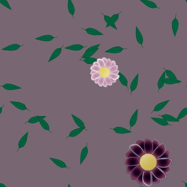 Basit renkli çiçekleri ve tek renkli arka planda yeşil yaprakları olan güzel kompozisyon, vektör illüstrasyonu