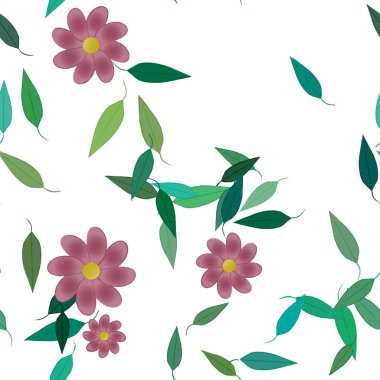 Tek renkli arka planda basit renkli çiçekler ve yeşil yapraklarla güzel kompozisyon, vektör illüstrasyonu