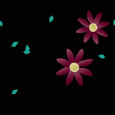 Tek renkli arka planda basit renkli çiçekler ve yeşil yapraklarla güzel kompozisyon, vektör illüstrasyonu