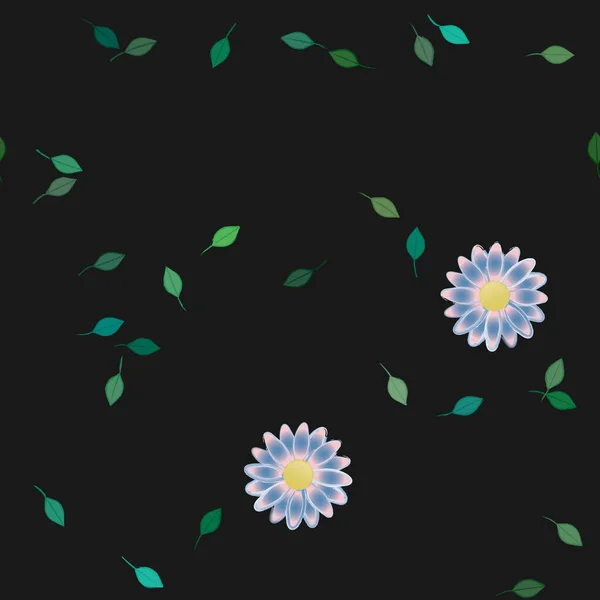 Mooie Compositie Met Eenvoudige Gekleurde Bloemen Groene Bladeren Monochrome Achtergrond — Stockvector