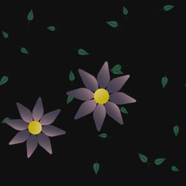 Basit Renkli Çiçekleri Tek Renkli Arka Planda Yeşil Yaprakları Olan — Stok Vektör