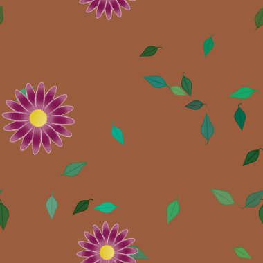 Tek renkli arka planda basit renkli çiçekler ve yeşil yapraklarla güzel kompozisyon, vektör illüstrasyonu