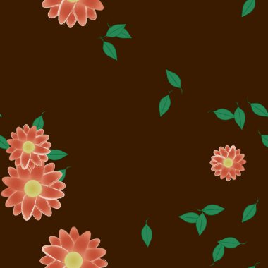 Tek renkli arka planda basit renkli çiçekler ve yeşil yapraklarla güzel kompozisyon, vektör illüstrasyonu