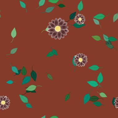 Basit renkli çiçekleri ve tek renkli arka planda yeşil yaprakları olan güzel kompozisyon, vektör illüstrasyonu