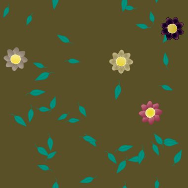 Tek renkli arka planda basit renkli çiçekler ve yeşil yapraklarla güzel kompozisyon, vektör illüstrasyonu