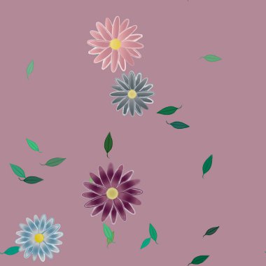 Tek renkli arka planda basit renkli çiçekler ve yeşil yapraklarla güzel kompozisyon, vektör illüstrasyonu