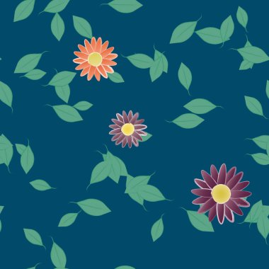 Basit renkli çiçekleri ve tek renkli arka planda yeşil yaprakları olan güzel kompozisyon, vektör illüstrasyonu