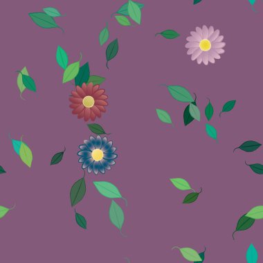 Tek renkli arka planda basit renkli çiçekler ve yeşil yapraklarla güzel kompozisyon, vektör illüstrasyonu