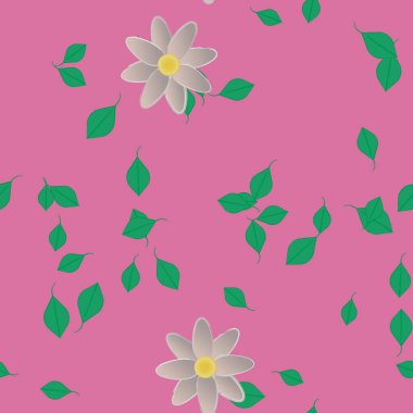 Tek renkli arka planda basit renkli çiçekler ve yeşil yapraklarla güzel kompozisyon, vektör illüstrasyonu